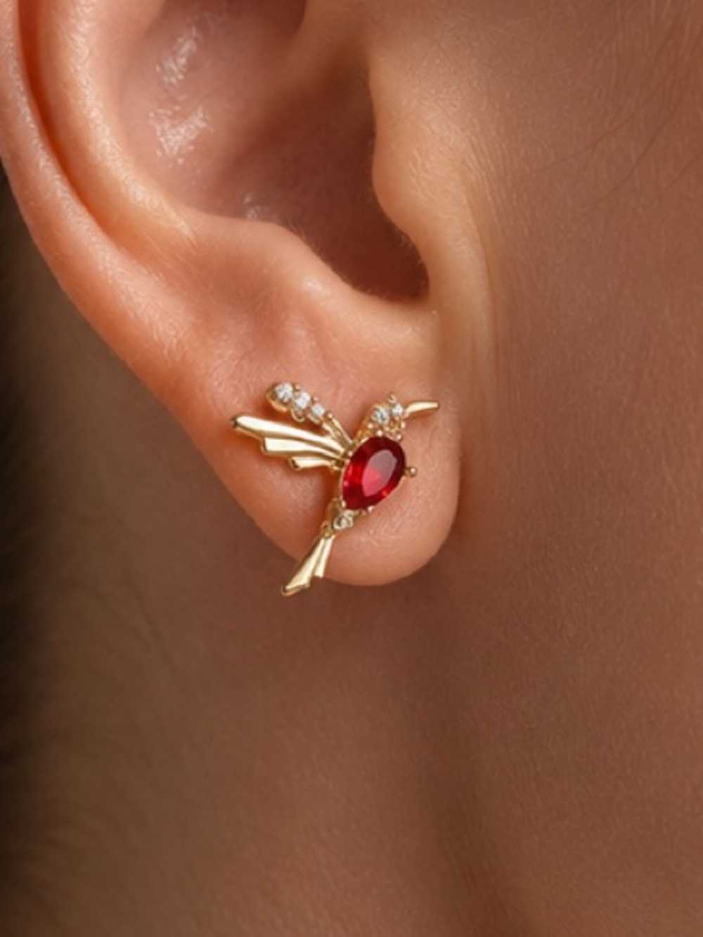 Bird Red Stone Small Stud Earrings - Women Jewelry